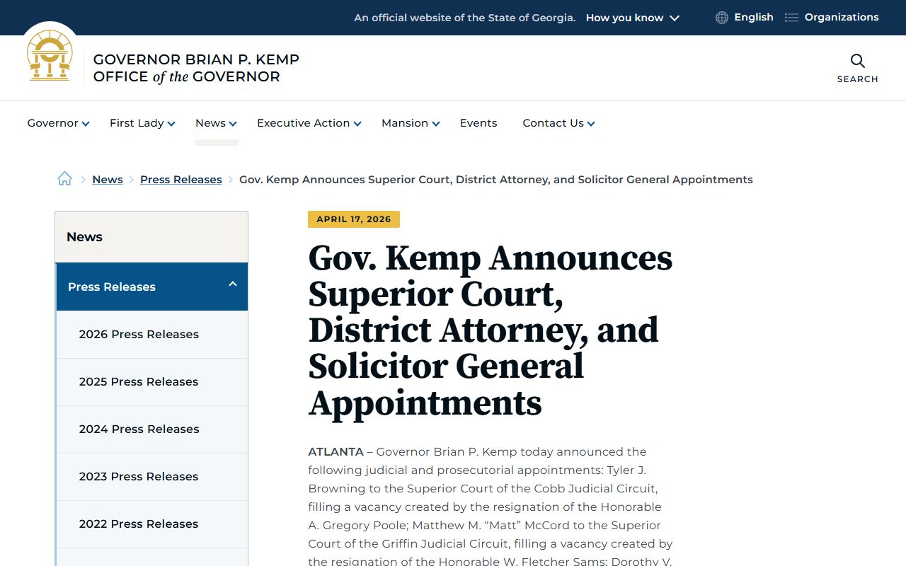 Monroe County criminal court records Georgia Governor DA appointment announcement
