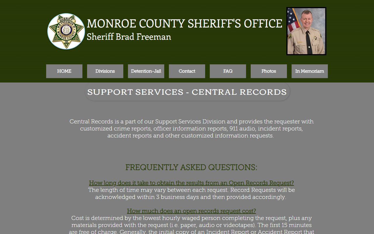 Monroe County warrant records sheriff Central Records page