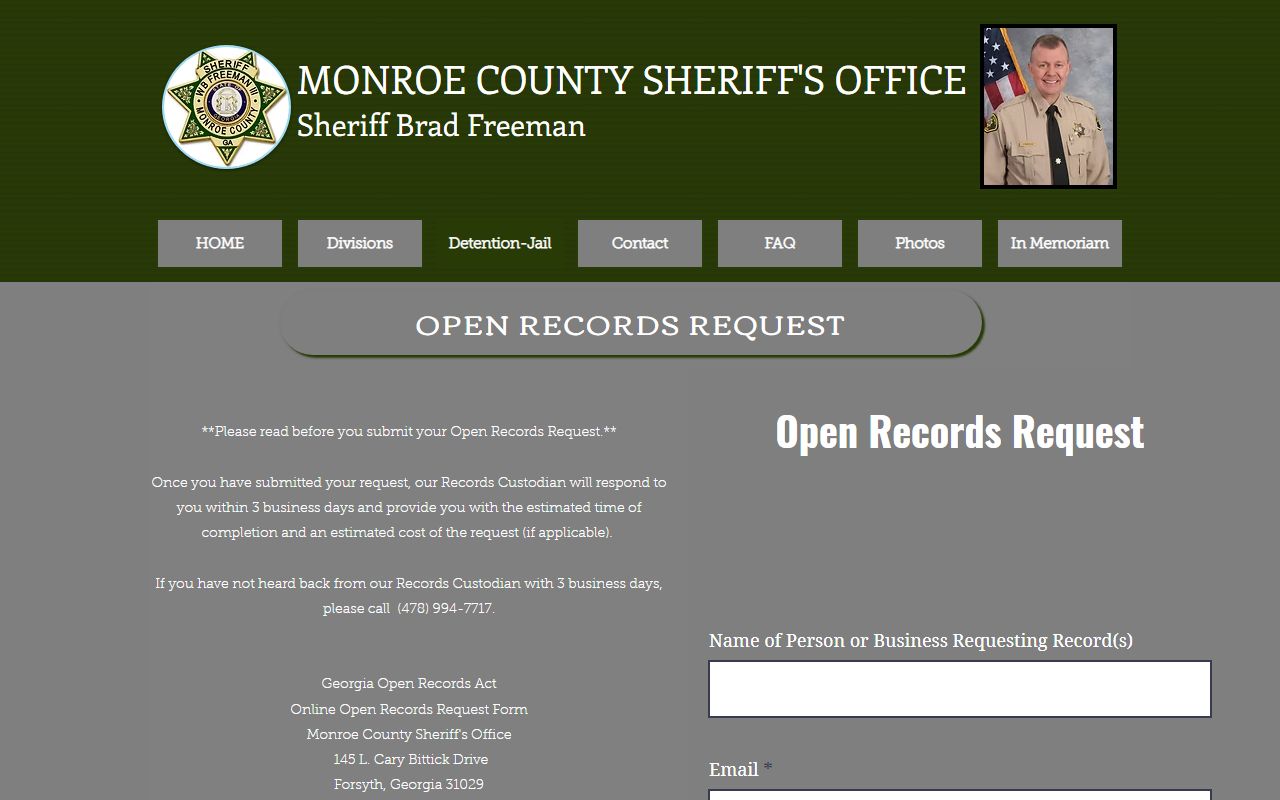 Monroe County warrant records sheriff open records request form